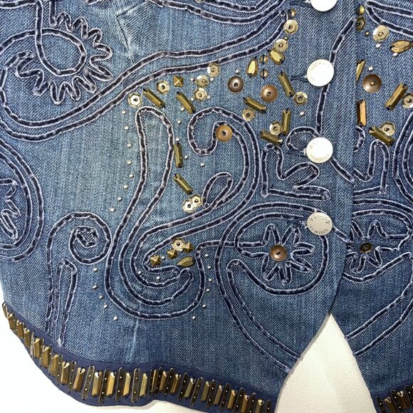 Armand Ventilo Embellished Denim Vest Studs Rivet Beads Applique Western Boho - Picture 9 of 16